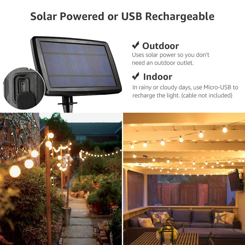 Lepro Solar Outdoor String Lights Patio Bistro Lights, 25ft 26 LED G40 Bulbs, USB Rechargeable Portable Edison CafÃ© String Lights for Porch, Pergola, Backyard, Garden, Pool, Party, Camping, 3600mAh - Image 2